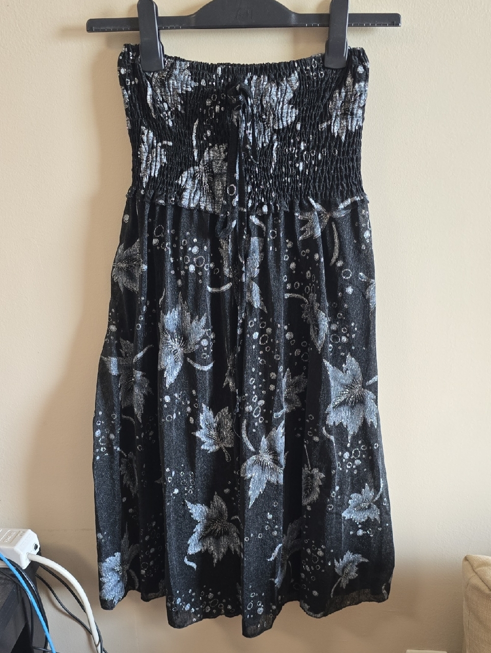 Black Floral Smocked Crepe Styled Tube Dress with Silver Accents